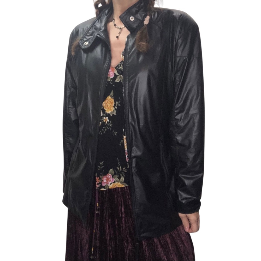 VTG Hysteria 80's 90's Sz M Black High Snap Collar Faux Leather Jacket New Wave